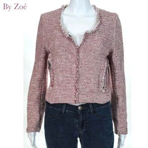 BY ZOE Red/Cream Distressed Hem Front Hook Blazer